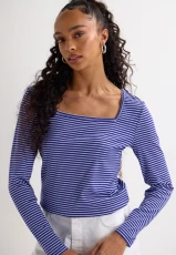 Womens Blue Stripe Square Neck Top