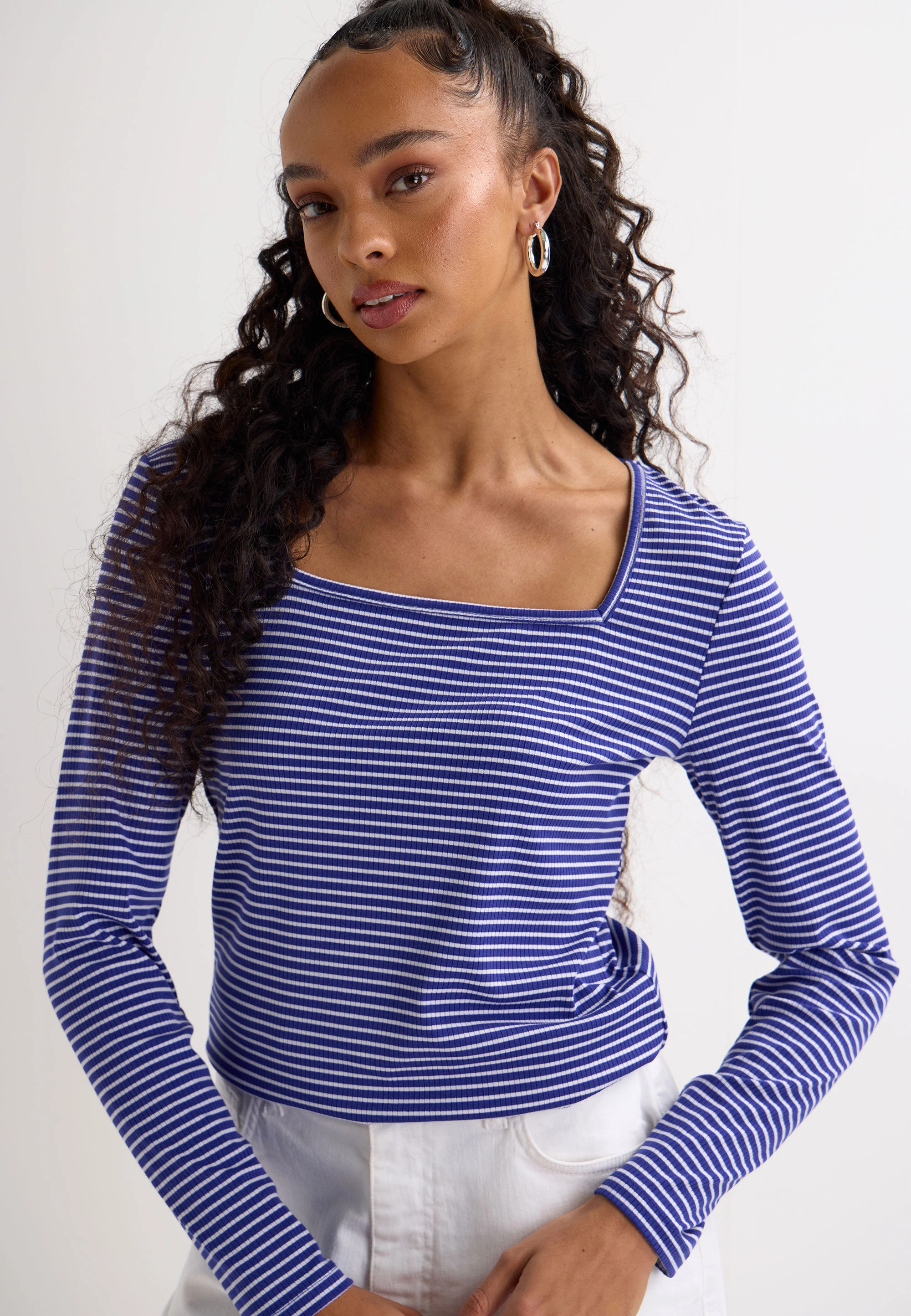 Womens Blue Stripe Square Neck Top