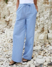 Women's Blue Striped Drawcord Wide Leg Trousers