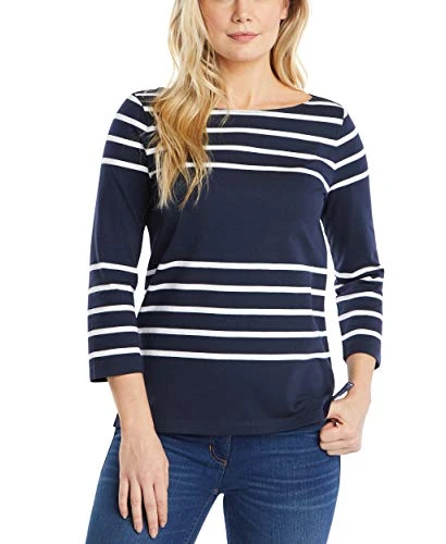 Women's Boatneck 3/4 Sleeve 100% Cotton Shirt, Navy Blue, Small