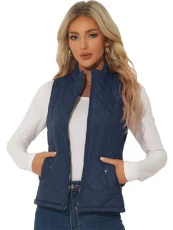 Women's Body Warmer Stand Collar Lightweight Quilted Zip Jacket Gilet Dark Blue XL