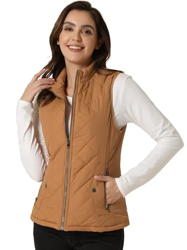 Women's Body Warmer Stand Collar Lightweight Quilted Zip Jacket Gilet Saddle Brown M