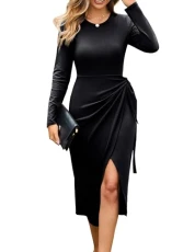 Women's Bodycon Dress Elegant Cocktail Long Sleeve Wrap Business Party Dress Autumn Winter Dress Midi M Black