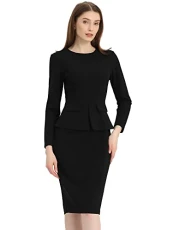 Women's Bodycon Pencil Dress Round Neck Bracelet Sleeve Peplum Wear to Work Office Sheath Dress, Black, L Women's Bodycon Pencil Dress Round Neck Bracelet Sleeve Peplum Wear to Work Office Sheath Dress, Black, L
