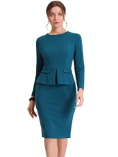 Women's Bodycon Pencil Dress Round Neck Bracelet Sleeve Peplum Wear to Work Office Sheath Dress Lake Blue M Women's Bodycon Pencil Dress Round Neck Bracelet Sleeve Peplum Wear to Work Office Sheath Dress Lake Blue M