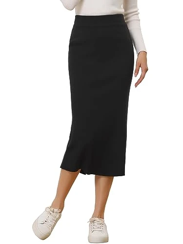 Women's Bodycon Skirt High Waist Stretchy Rib Knit Split Hem Slit Sweater Pencil Skirt Black L