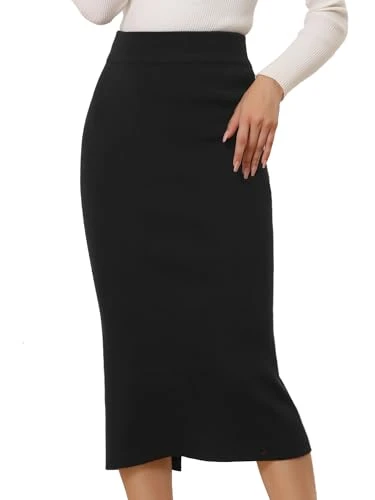 Women's Bodycon Skirt High Waist Stretchy Rib Knit Split Hem Slit Sweater Pencil Skirt Black M