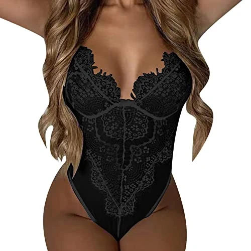 Women's Bodysuit Lace Sexy Teddy Lingerie Naughty lace Bodysuit Deep V-Neck Backless Negligee Lingerie Bodysuit Set Fishnet Lingerie Shapewear Women's Exotic Teddies & Bodysuits Black