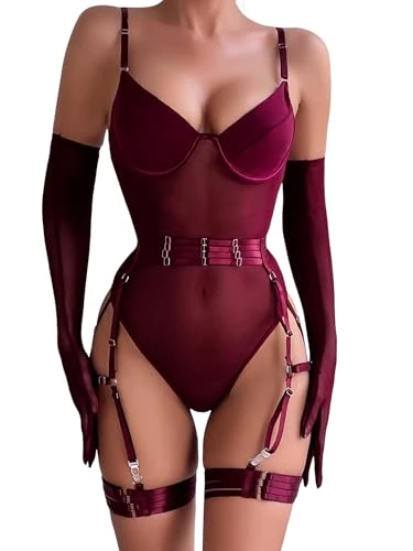 Women's Bodysuit with Garter Belt Sexy Lingerie With Gloves Lace Mesh Bodysuit Teddy for Club Valentine(Wine Red M)