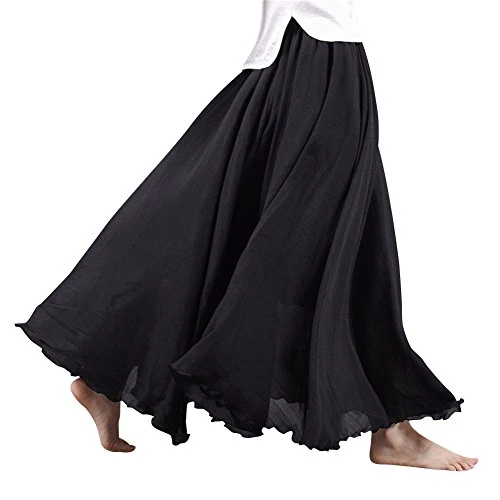 Women's Bohemian Style Elastic Waist Band Cotton Linen Long Maxi Skirt Birthday Present Black 95 CM