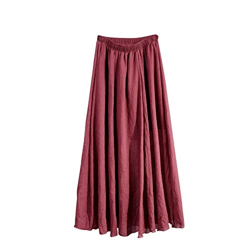 Women's Bohemian Style Elastic Waist Band Cotton Long Maxi Skirt Wine Red