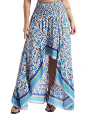 Women's Boho Asymmetric Hem Maxi Skirt Shirred Wiast Ethnic A-Line Floral Skirt Flowy Summer Dress Blue S Women's Boho Asymmetric Hem Maxi Skirt Shirred Wiast Ethnic A-Line Floral Skirt Flowy Summer Dress Blue S