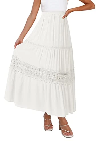 Women's Boho Elastic High Waist Pleated A-line Ruffle Lace Trim Tiered Midi Maxi Skirt with Pockets, White, X-Large