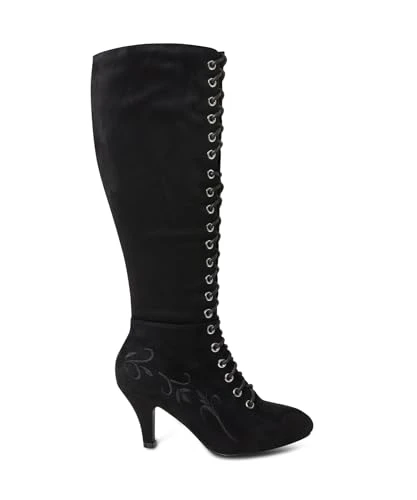 Women's Boho Embroidered Lace Up Faux Suede Knee High Boots, Black, 6 UK