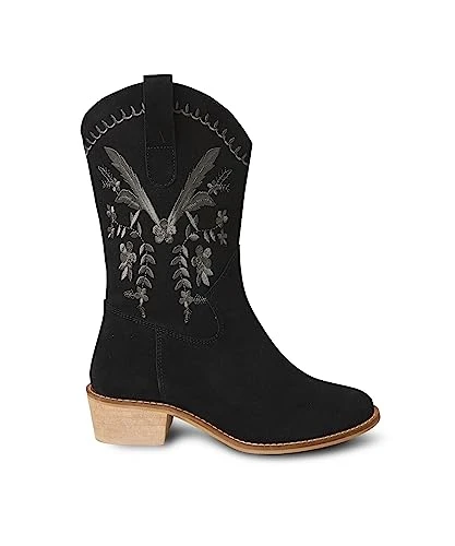 Women's Boho Embroidered Slouchy Calf High Boots Fashion, Black, 6 UK