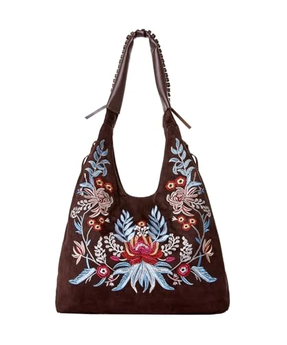 Women's Boho Floral Embroidered Slouchy Shoulder Bag, Brown Multi