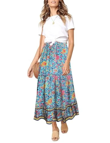 Women's Boho Floral Print Elastic High Waist Pleated A Line Maxi Skirt, Green, S