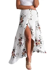 Women's Boho Floral Print High Waist Summer Bech Wrap Maxi Skirt Cover Up White
