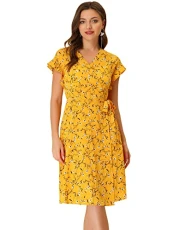 Women's Boho Flutter Sleeve V Neck Belted A-Line Wrap Midi Floral Dress Yellow S-8 Women's Boho Flutter Sleeve V Neck Belted A-Line Wrap Midi Floral Dress Yellow S-8