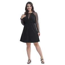Women's Boho Lace Mesh Splice Casual Swing Dress Midi Skirt Plus Size Loose Streetwear Black XL