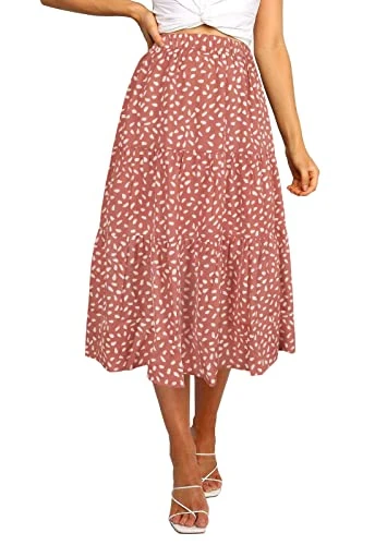 Women's Boho Leopard Print Skirt Pleated A-Line Swing Midi Skirts, DarkPink, M