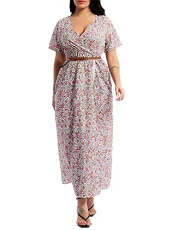 Womens Boho Maxi Dresses Belted Summer Short Sleeve V-Neck Ladies Split Leg Wrap Dress Casual Work Party Red S Womens Boho Maxi Dresses Belted Summer Short Sleeve V-Neck Ladies Split Leg Wrap Dress Casual Work Party Red S
