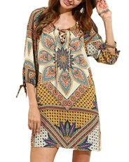 Womens Boho Round-Neck Floral-Printing 3/4 Sleeve Mini Dress Side Slip Tie-Waist Color Mixing Gown Apricot XL Womens Boho Round-Neck Floral-Printing 3/4 Sleeve Mini Dress Side Slip Tie-Waist Color Mixing Gown Apricot XL