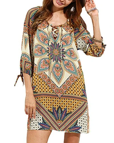 Womens Boho Round-Neck Floral-Printing 3/4 Sleeve Mini Dress Side Slip Tie-Waist Color Mixing Gown Apricot XL