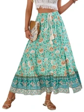 Women's Boho Skirts Ladies Summer Skirts Floral Print Bohemian Style Half Dress Elasticated Waist Flowy Swing Midi Skirt Green Blue-M