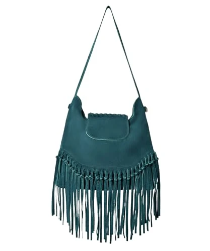 Women's Boho Tassel Trim Premium Suede Shoulder Bag, Teal