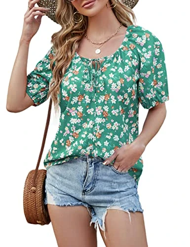 Womens Boho Tops Casual Floral Printed Short Sleeve Blouses Summer Trendy Button Down Shirts, Green, XL