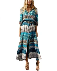 Womens Boho V Neck Floral 3/4 Sleeve Side Slip Tie-Waist Long Sleeve Floral Maxi Long Dress Green 1 3XL Womens Boho V Neck Floral 3/4 Sleeve Side Slip Tie-Waist Long Sleeve Floral Maxi Long Dress Green 1 3XL