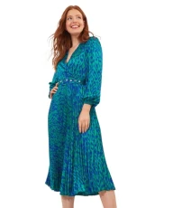 Women's Bold Animal Printed Pleated Wrap Front Satin Maxi Dress, Multicoloured, 6