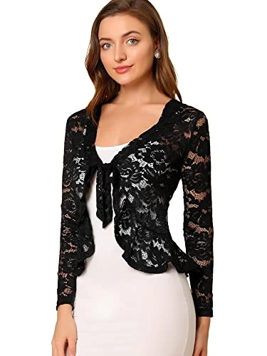 Women's Bolero Shrugs, Lace Shrug, Long Sleeve Floral Crop Cardigans Black L-16