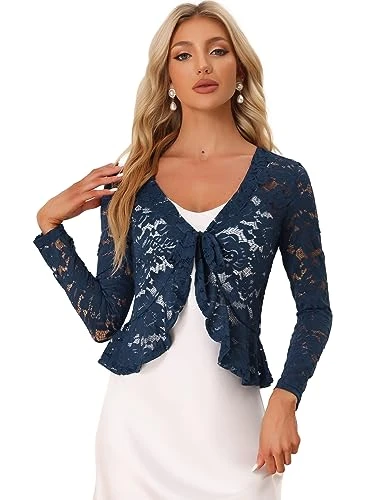 Women's Bolero Shrugs, Lace Shrug, Long Sleeve Floral Crop Cardigans Dark Blue M-12