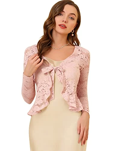 Women's Bolero Shrugs, Lace Shrug, Long Sleeve Floral Crop Cardigans Pink L-16