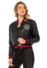 Women's bomber jacket, faux leather jacket, quilted jacket, transition jacket with chest patch and rhinestones. - Black - Small