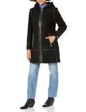Women's Boucle Outerwear Wool Hooded Jacket Quilted, Black, L