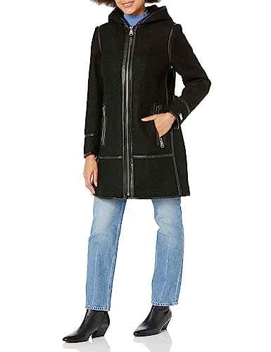 Women's Boucle Outerwear Wool Hooded Jacket Quilted, Black, L