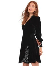 Women's Boutique Star Embellished Wrap Front Velvet Mini Dress Special Occasion, Black, 12