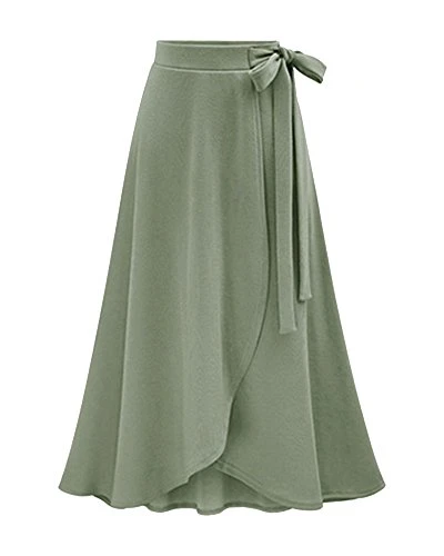 Women's Bow High Waist Asymmetric Long Flared Casual Maxi Skirt Green 5XL