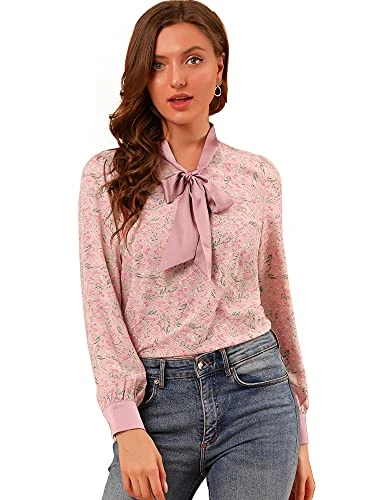 Women's Bow Tie Long Sleeve Office Ladies Tops Floral Chiffon Blouse Pink Medium