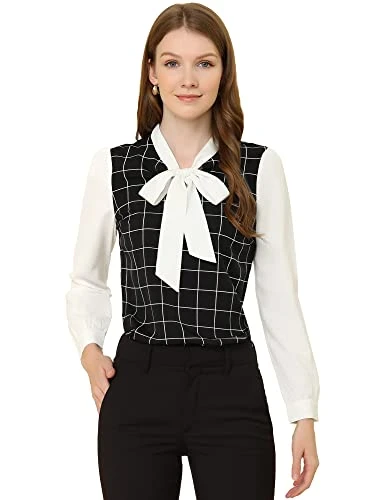 Women's Bow Tie Neck Casual Contrast Color Long Sleeve Plaid Blouse Top Black M-12