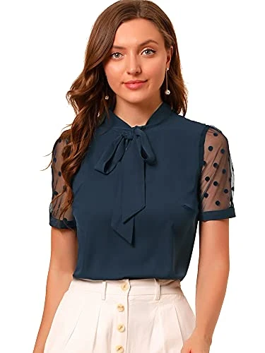 Women's Bow Tie Neck V Neck Stand Collar Short Mesh Sleeve Blouse Navy Blue XL-20