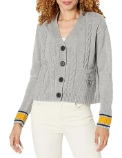 Women's Boxy Varsity Cable Knit Cardigan Sweater, Med Heather Grey Multi, XL
