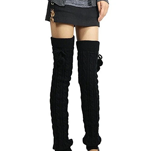 Women's Braided Knitted Stocking Footless Leg Warmers (Black)