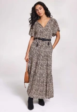 Womens Brown Animal Print Flutter Sleeve Midi Dress Womens Brown Animal Print Flutter Sleeve Midi Dress