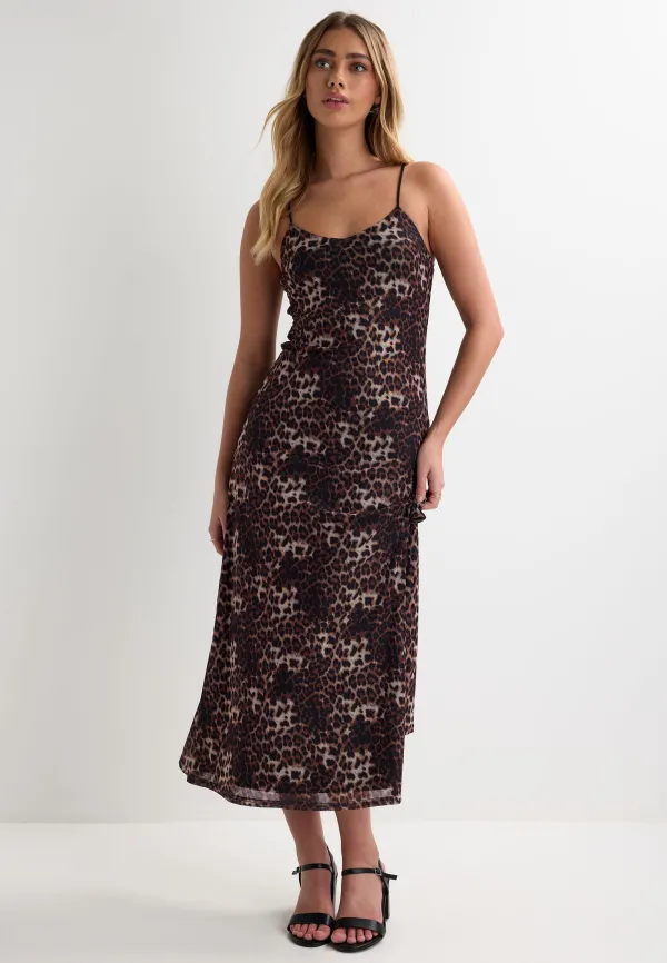 Womens Brown Animal Print Strappy Mesh Dress