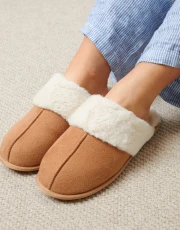 Women's Brown Faux Suede Faux Fur Lined Mule Slippers