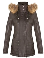 Women's Brown Leather Parka Jacket Quilted Detachable Hooded Trench Coat 3XL